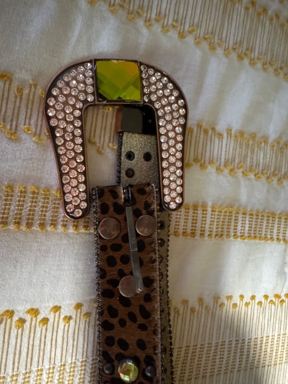 Source Unknown Brown Leopard Print Belt with Rhinestone Buckle and Green Accent